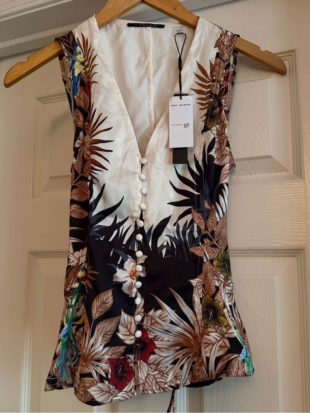 Tahari Tropical Print V-Neck Button-Front Camisole - White, Black & Brown